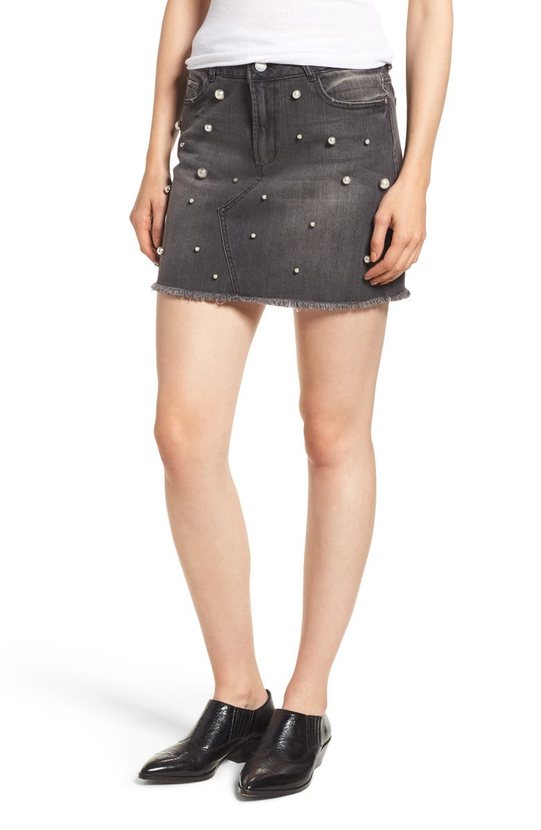 Tinsel Imitation Pearl Embellished Denim Skirt, Main, color,