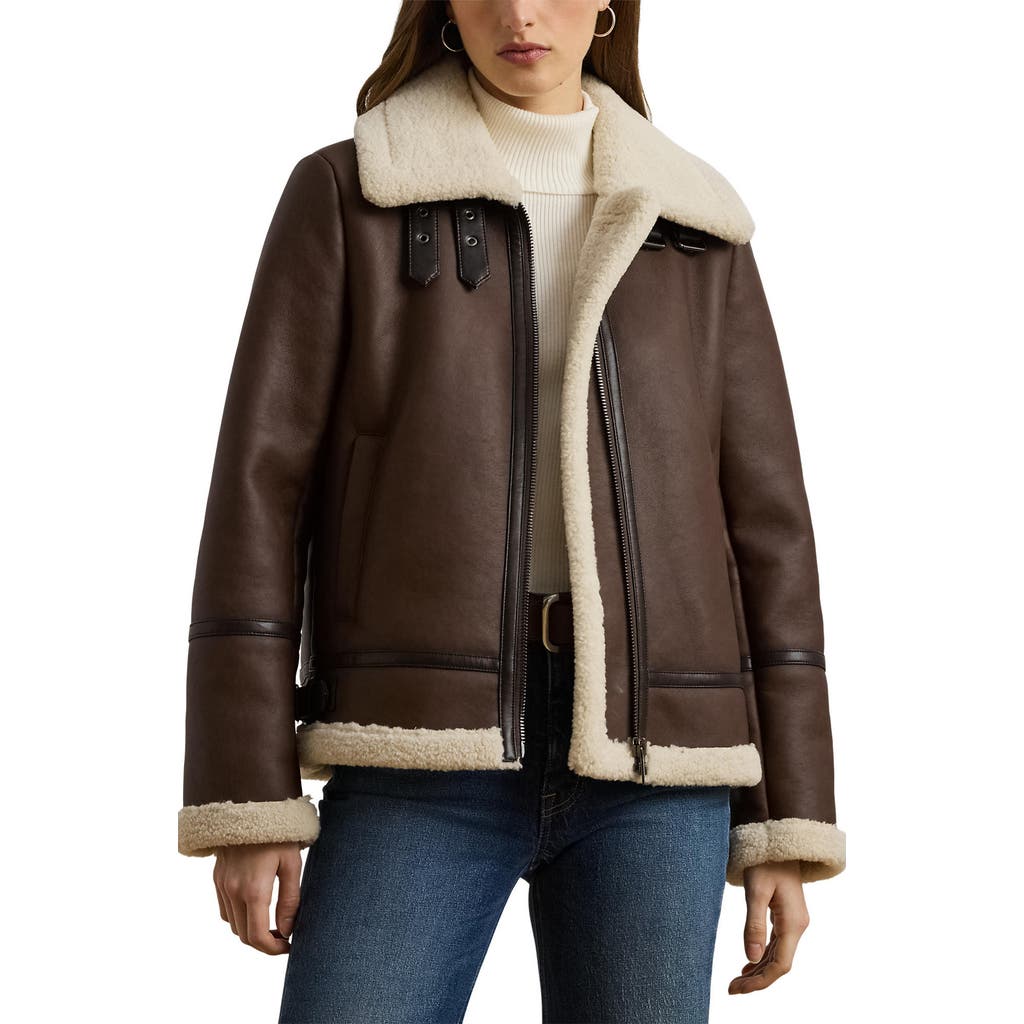 Ralph Lauren Lauren Faux Leather & Faux Shearling Bomber Jacket In Brown