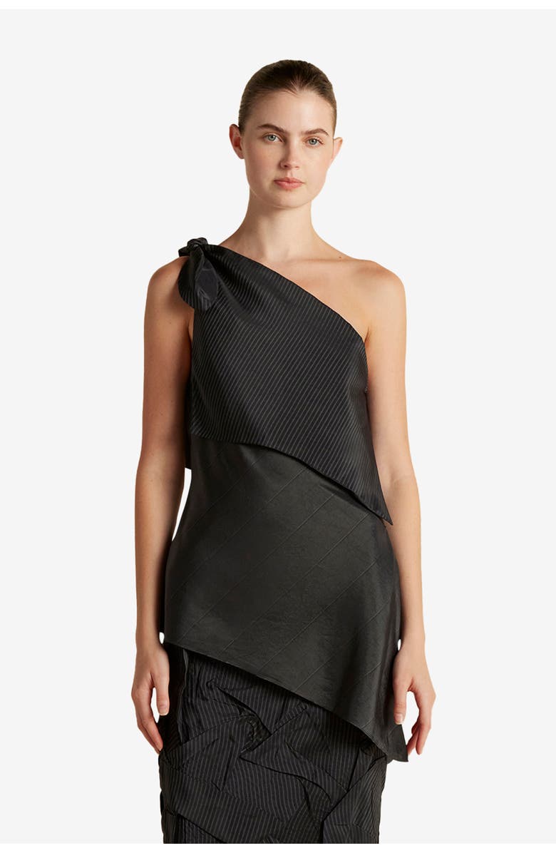 Marina Moscone Pinstripe Triangle Draped Top, Main, color, Black Pinstripe