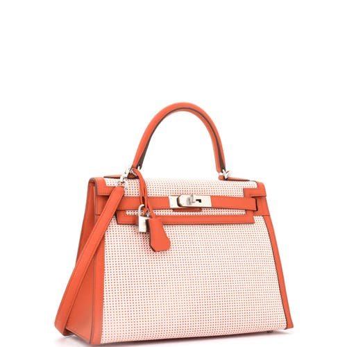 Pre-owned Hermes Hermes Kelly Handbag Quadrille Canvas And Orange Swift With Palladium Hardware 28 In Brown