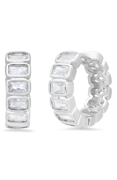 Baguette Cubic Zirconia Huggie Hoop Earrings