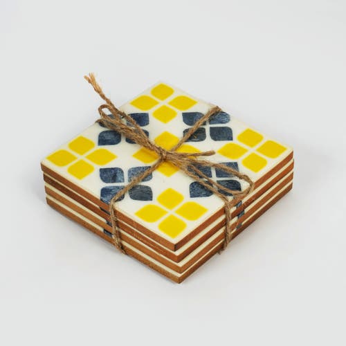 Mela Artisans Marigold Mosaic Inlay Coasters In Yellow