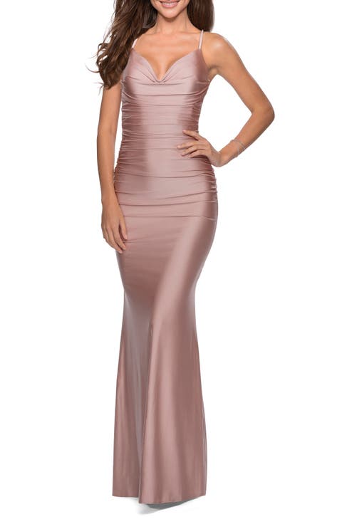 Form Fitting Jersey Dress with Ruching and Strappy Back