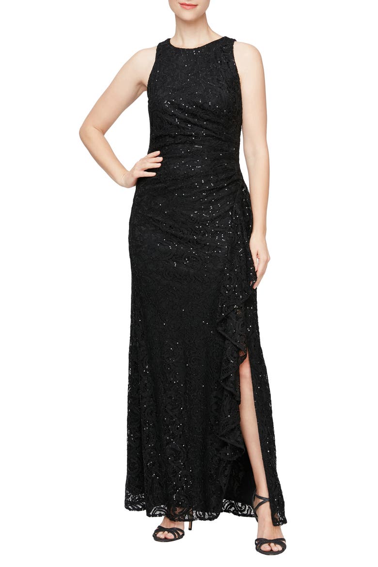 Sequin Ruched Ruffle A-Line Gown, Main, color, BLACK