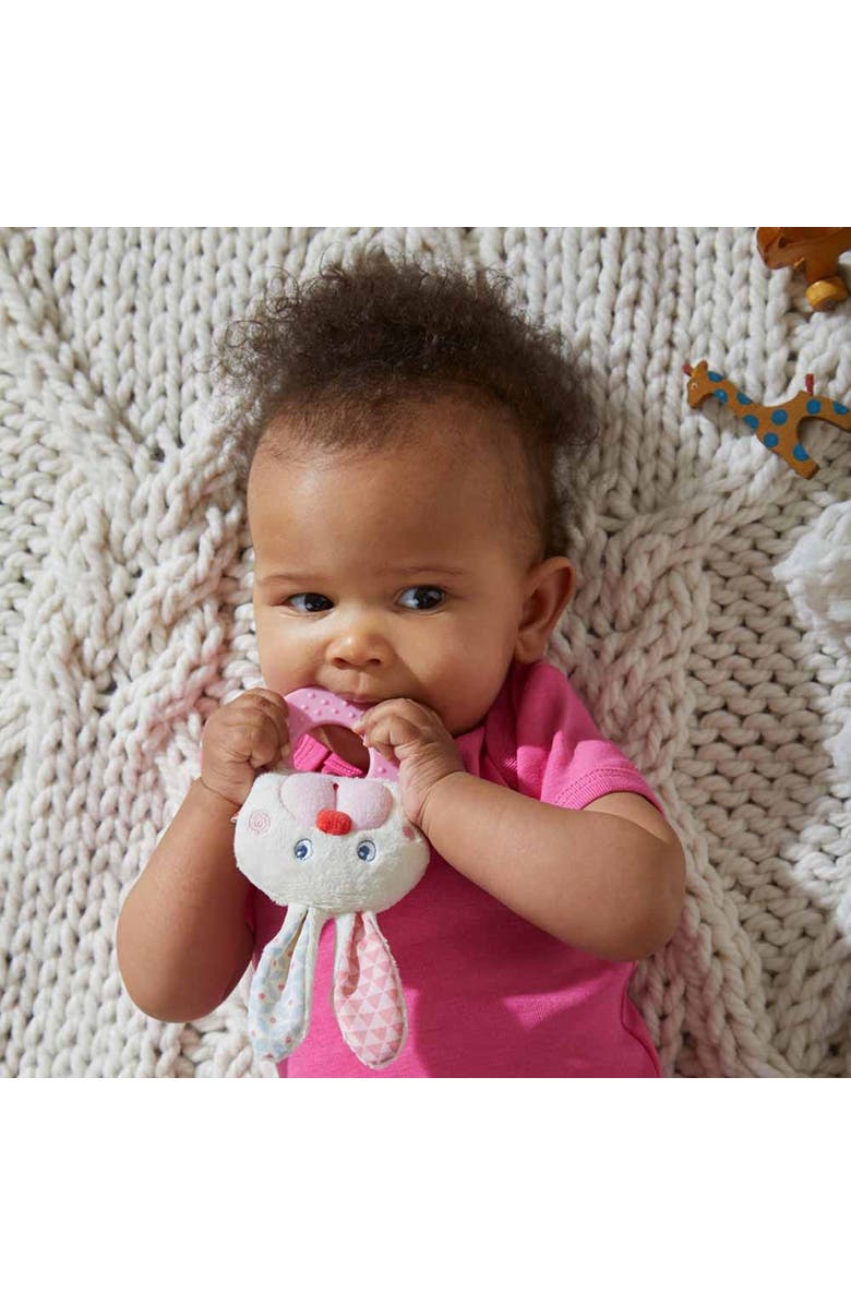 HABA Chomp Champ Bunny Teether - Soft Lightweight Clutching Toy with Crinkle Ears and Plastic Teething Ring, Alternate, color, Multi