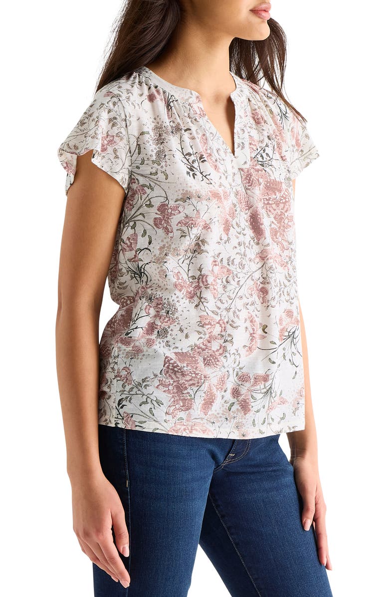 Lucky Brand Floral Split Neck Cotton Blend T-Shirt, Alternate, color, Cream Multi