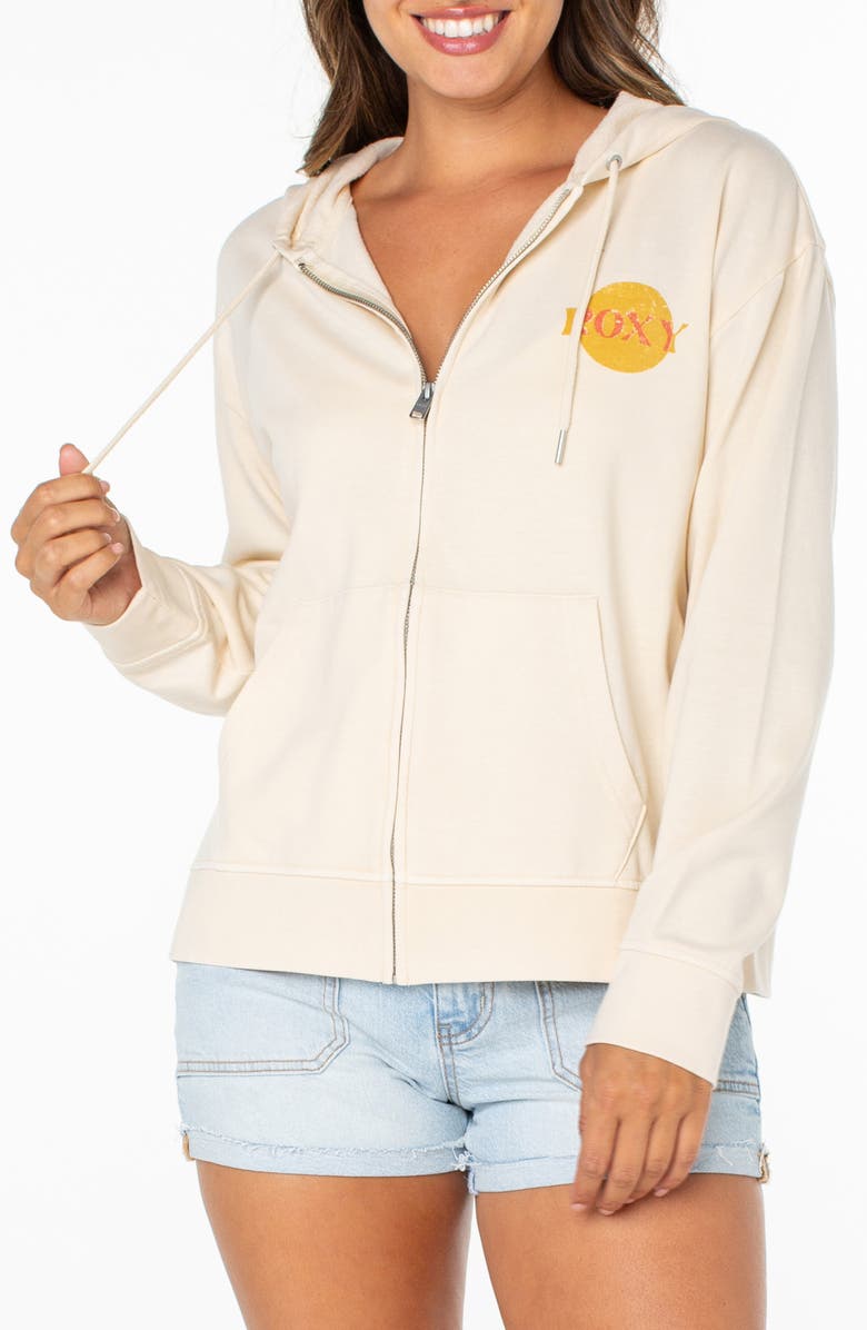 Roxy Sweet Rhythm Fleece Zip Hoodie, Main, color, Parchment