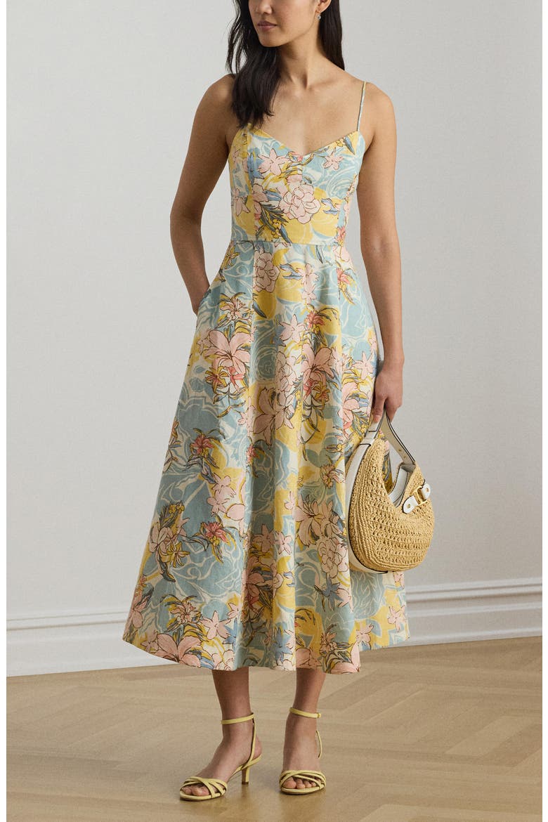 Floral Linen Dress, Alternate, color, CREAM/ BLUE MULTI