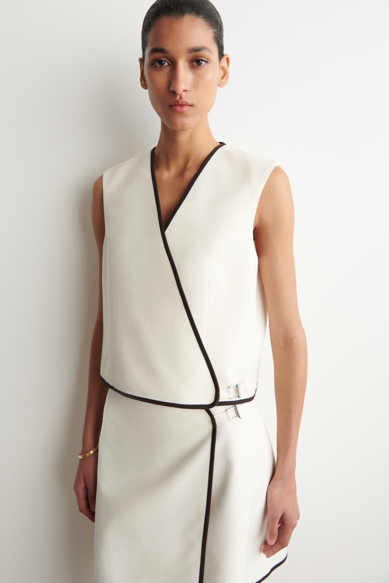 Contrast-trimmed Wrap Vest, Alternate, color, WHITE / BROWN