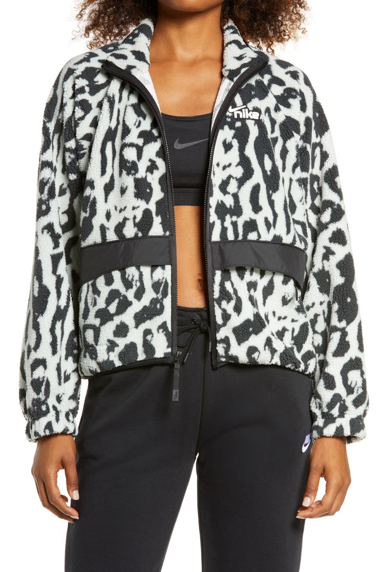 Sportswear Animal Print Fleece Jacket, Main, color, DK SMOKE GREY/ BLACK/ WHITE