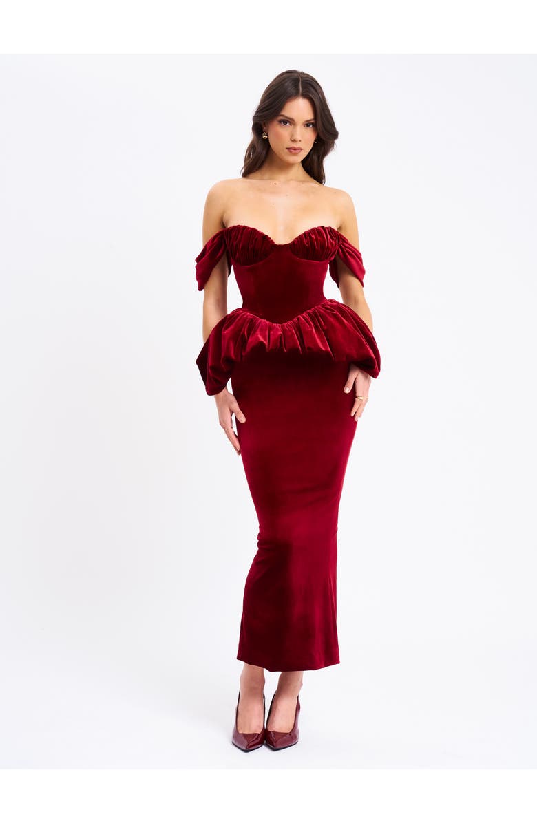 Miss Circle Abigail Velvet Off Shoulder Bubble Hem Peplum Maxi Dress, Main, color, 