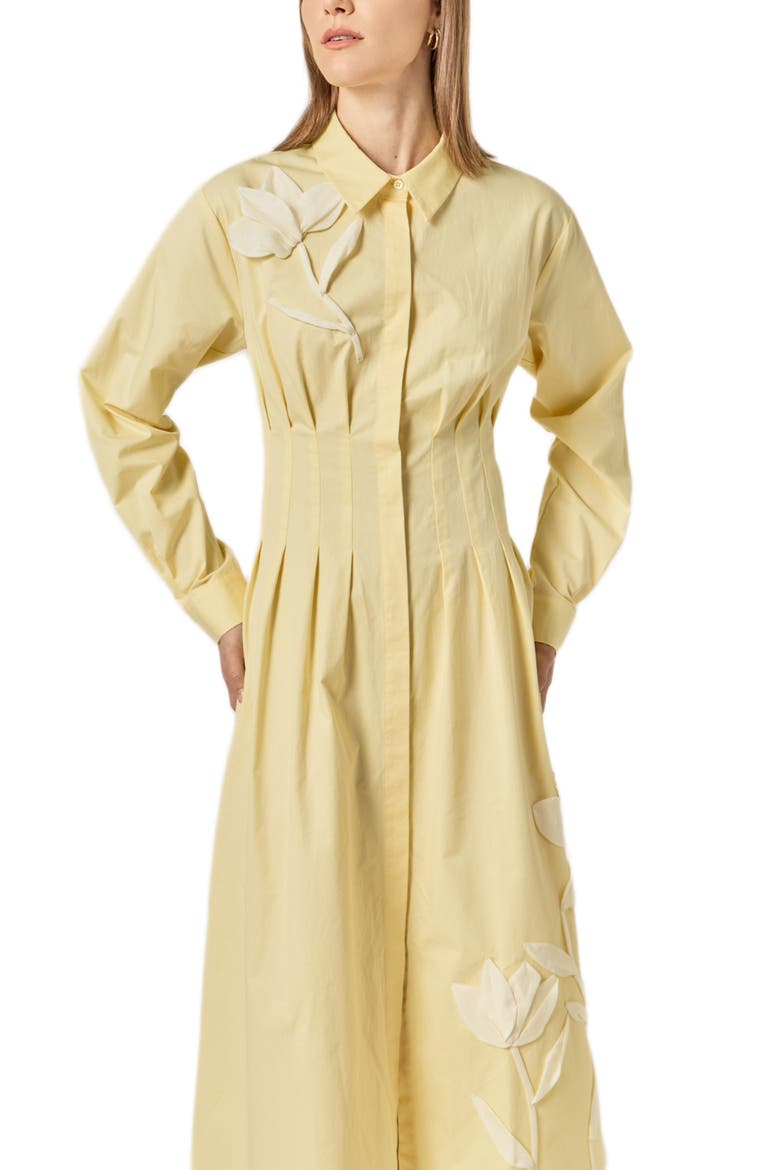 Floral Appliqué Pintuck Long Sleeve Cotton Shirtdress, Alternate, color, BUTTER YELLOW
