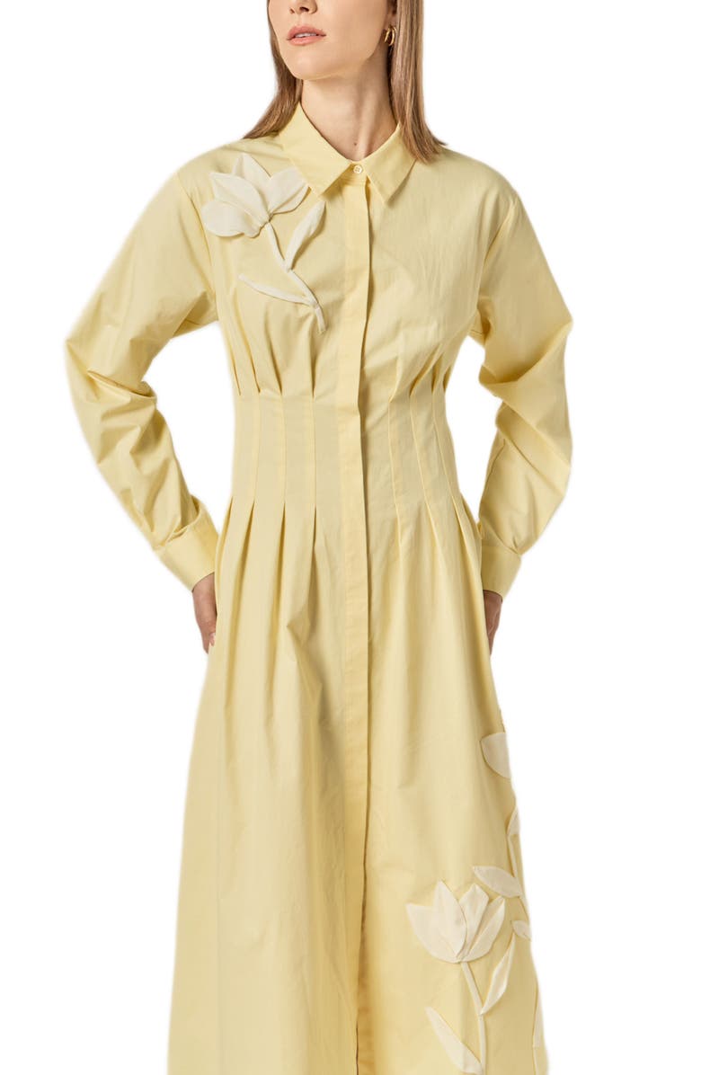 English Factory Floral Appliqué Pintuck Long Sleeve Cotton Shirtdress, Alternate, color, Butter Yellow