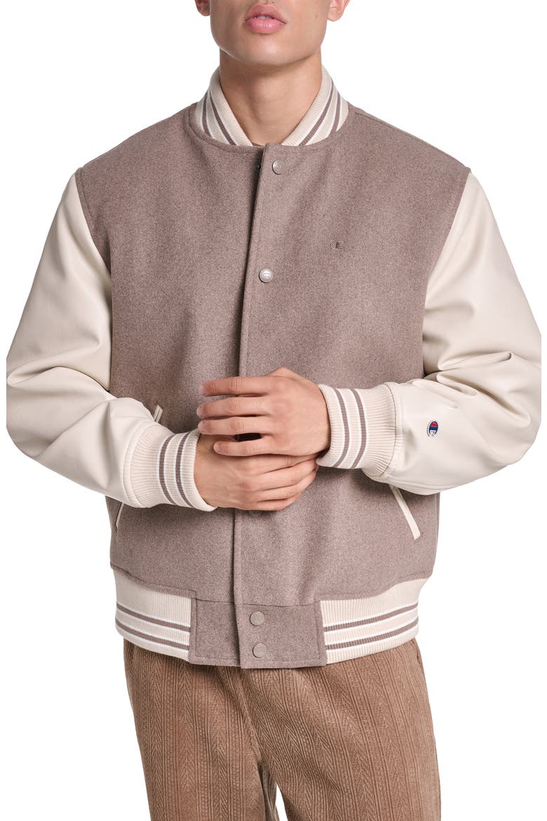Varsity Jacket with Faux Leather Sleeves, Main, color, BROWN/ KHAK