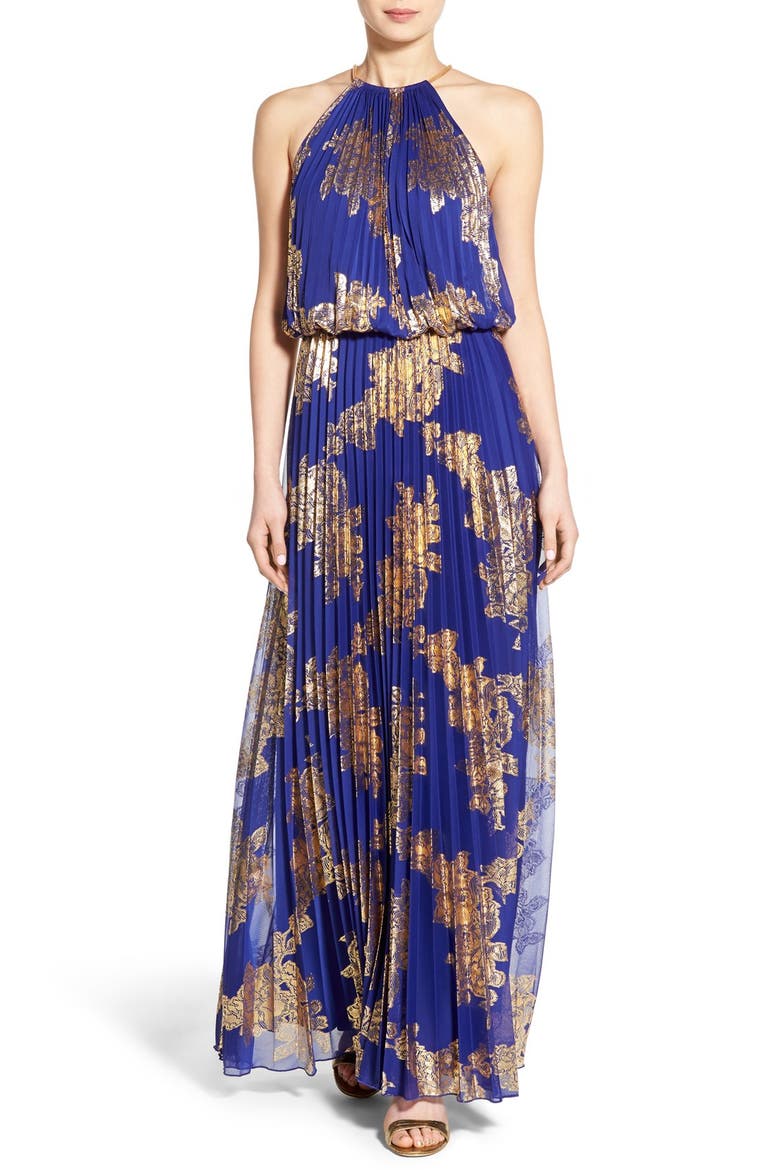 Xscape Foiled Pleated Blouson Gown, Main, color, COBALT/ GOLD
