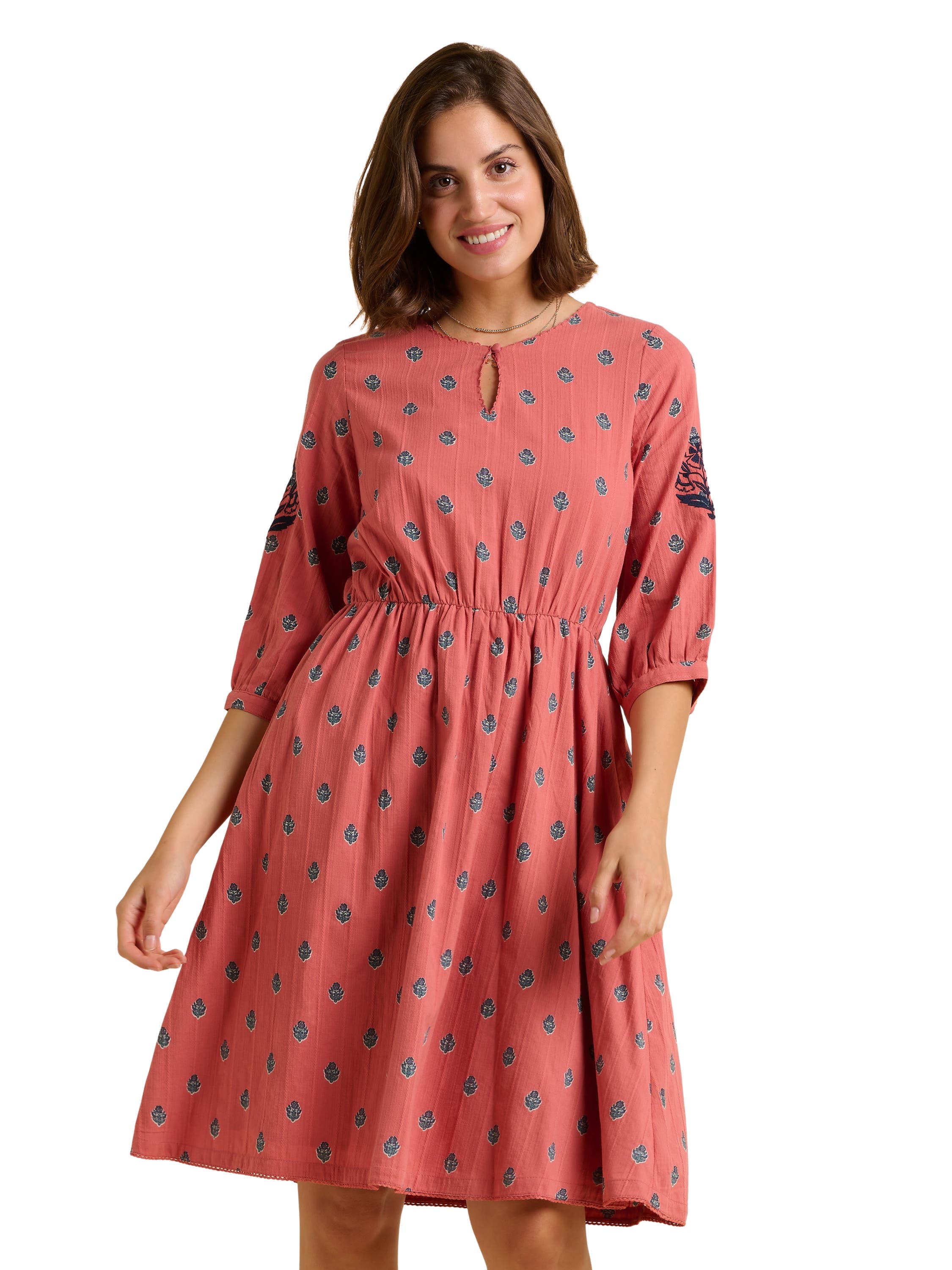 Rolling 3/4 Sleeve Round Neck Midi Dress