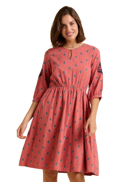 Rolling 3/4 Sleeve Round Neck Midi Dress