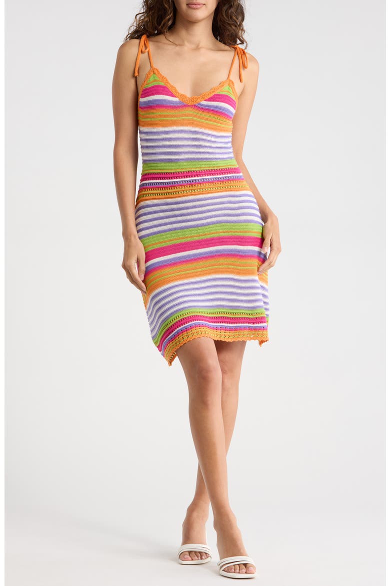 Stripe Tie Strap Pointelle Sweater Dress, Main, color, BRIGHT ORANGE COMBO
