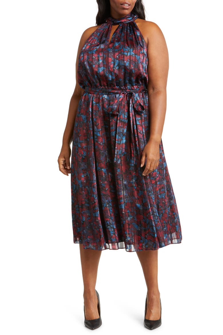 Floral Twist Neck Keyhole Midi Dress, Main, color, TITIAN RED / JUNIPER MULTI