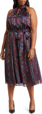 Anne Klein Floral Twist Neck Keyhole Midi Dress