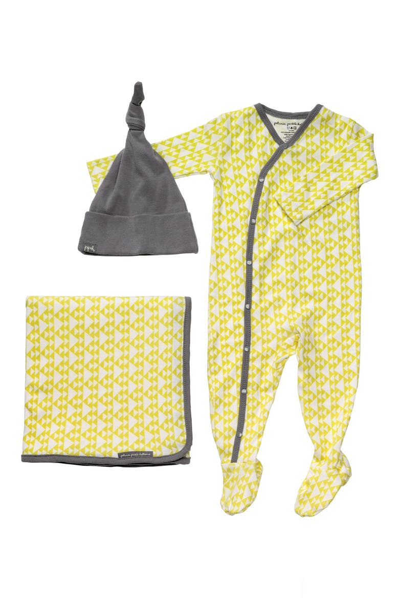 'Snuggle' Footie, Blanket & Hat Set, Main, color, TIPPED TRIANGELES