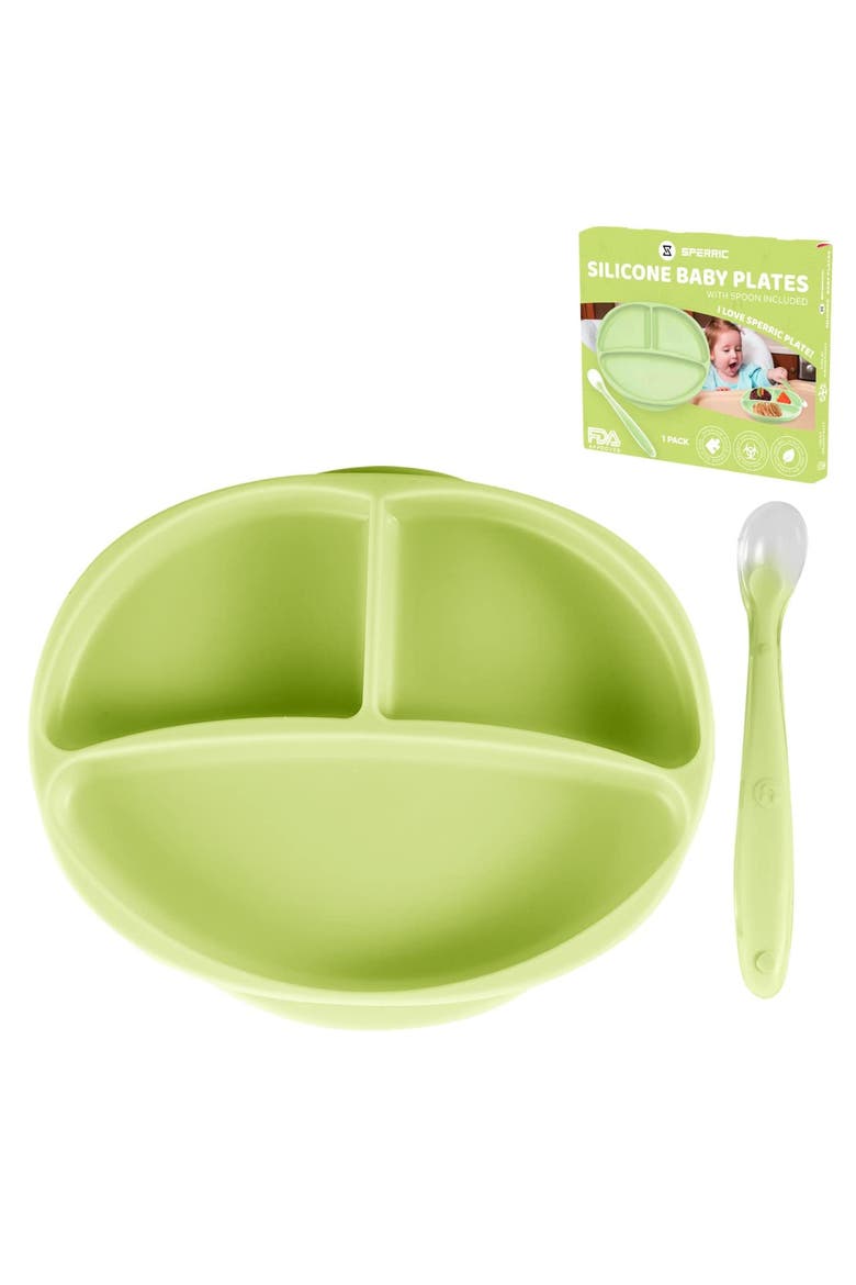 Silicone Suction Divided Plate and Spoon Toddler Training Self Feeding Set, Main, color, Sage