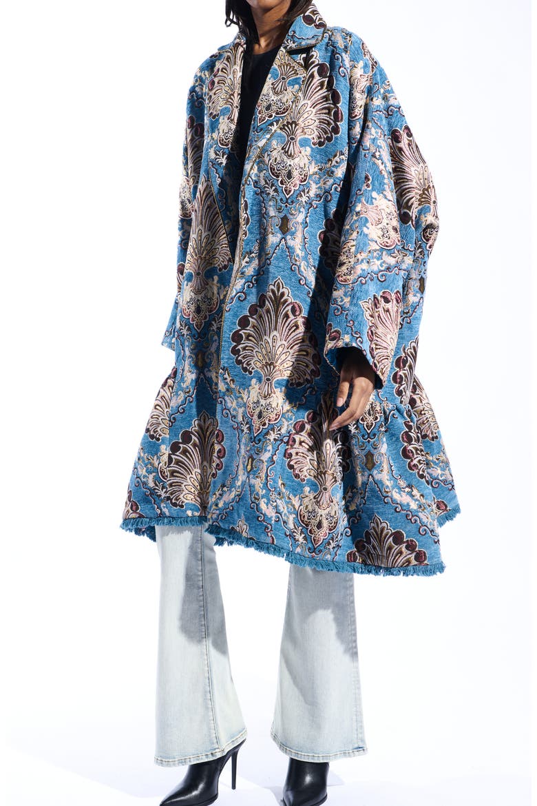 Paisley Jacquard Peplum Coat, Alternate, color, BLUE/ BROWN
