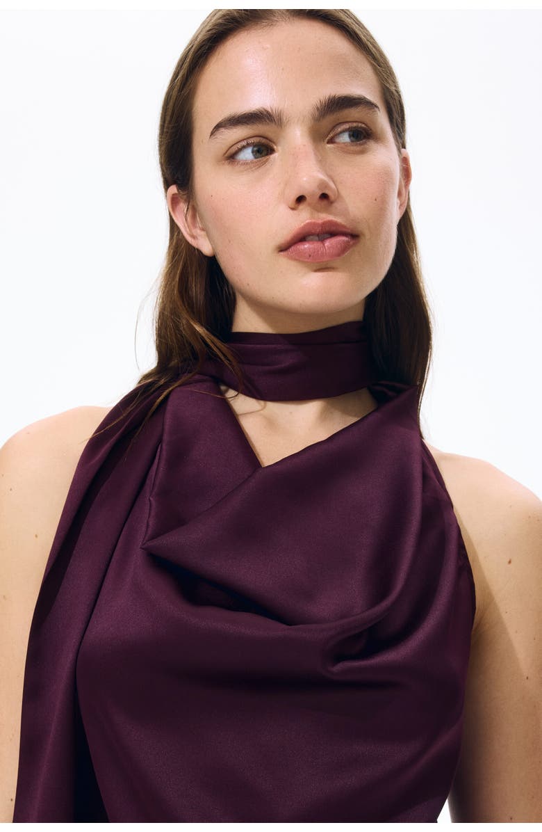 H&M Scarf-detail Satin Top, Alternate, color, Burgundy