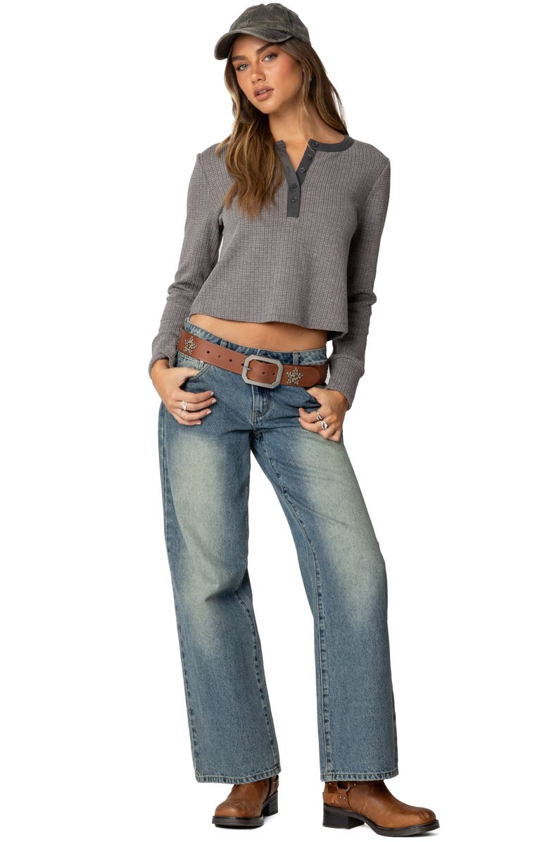 EDIKTED Ruth Long Sleeve Waffle Stitch Henley, Alternate, color, Gray-Melange