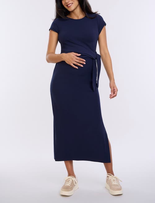 Motherhood Maternity Crew Neck Short Sleeve Side Tie Maternity Midi Dress In Navy Blazer