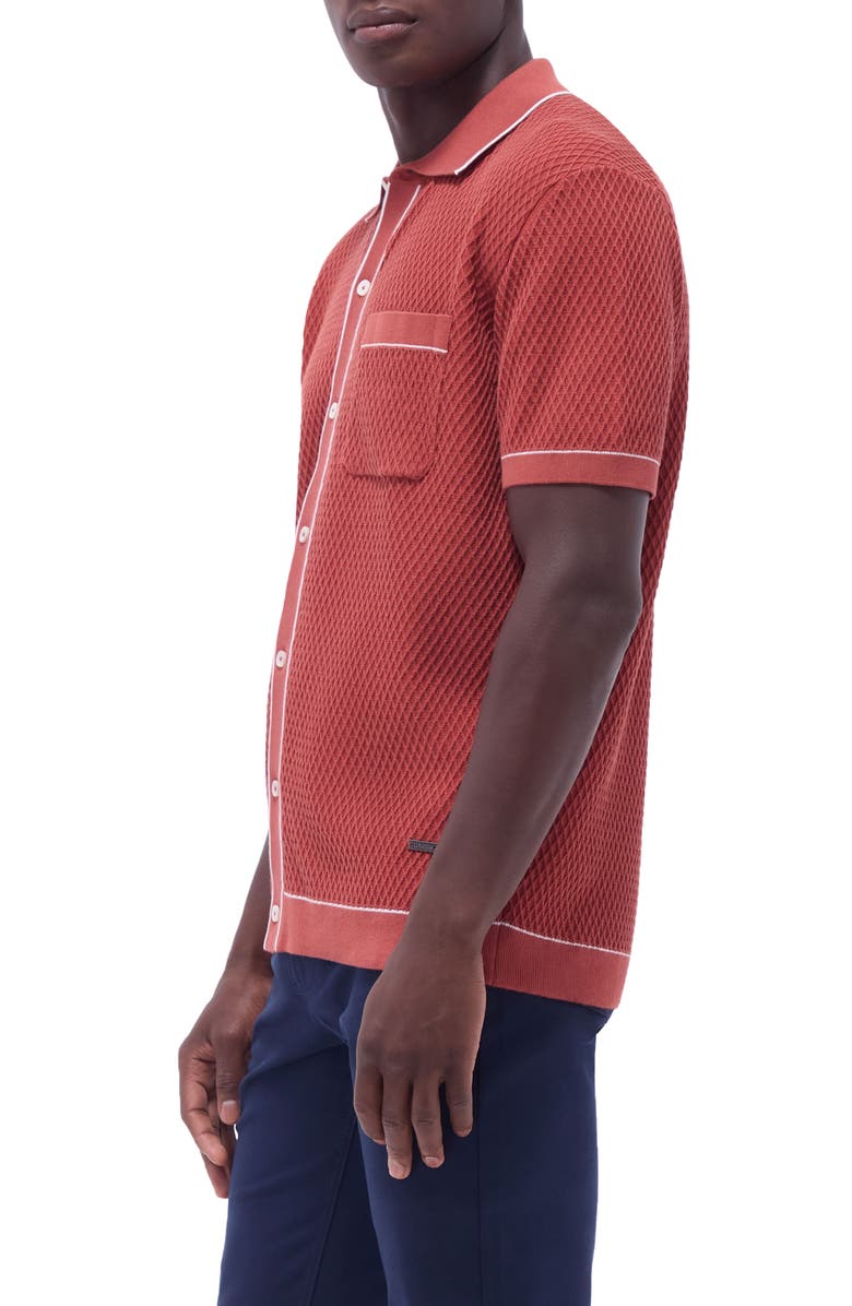 Bugatchi Tipped Short Sleeve Button-Up Sweater, Alternate, color, Brick