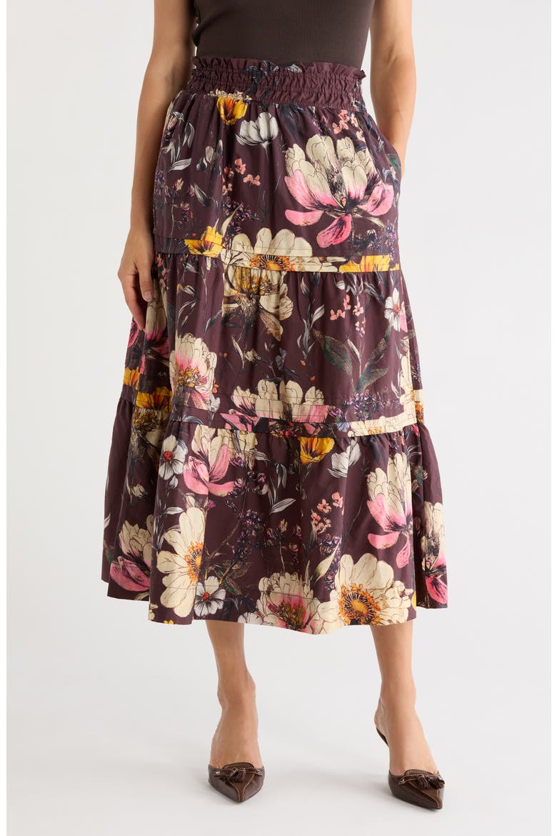 Floral Tiered Cotton Pull-On Skirt, Main, color, CHOCOLATE/ VIBRANT FLORAL