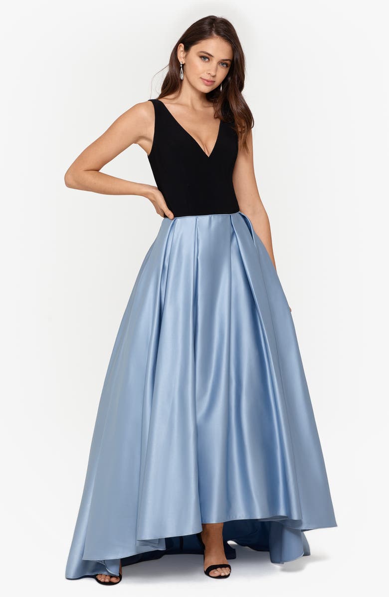 Betsy & Adam V-Neck High/Low Satin Ballgown, Alternate, color, 