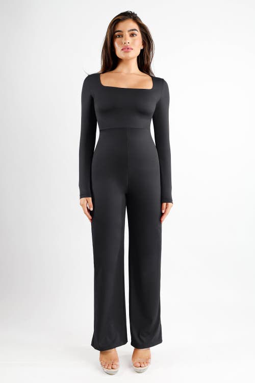 Popilush Shapewear Long Sleeve Square Neck Slimming Wide Leg Jumpsuit In Midnight Black