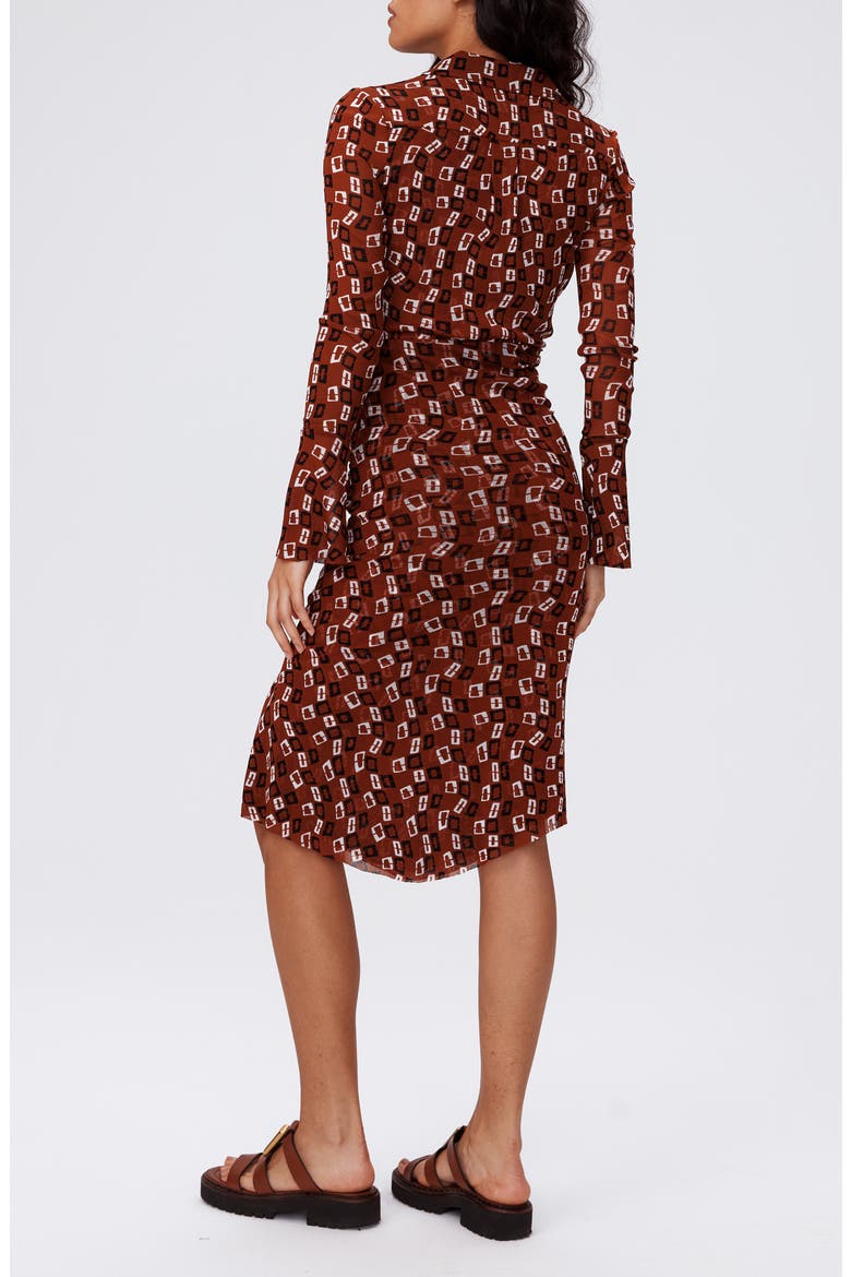 Lilly Geo Print Long Sleeve Mesh Dress, Alternate, color, CHAIN SPOTS BROWN SM