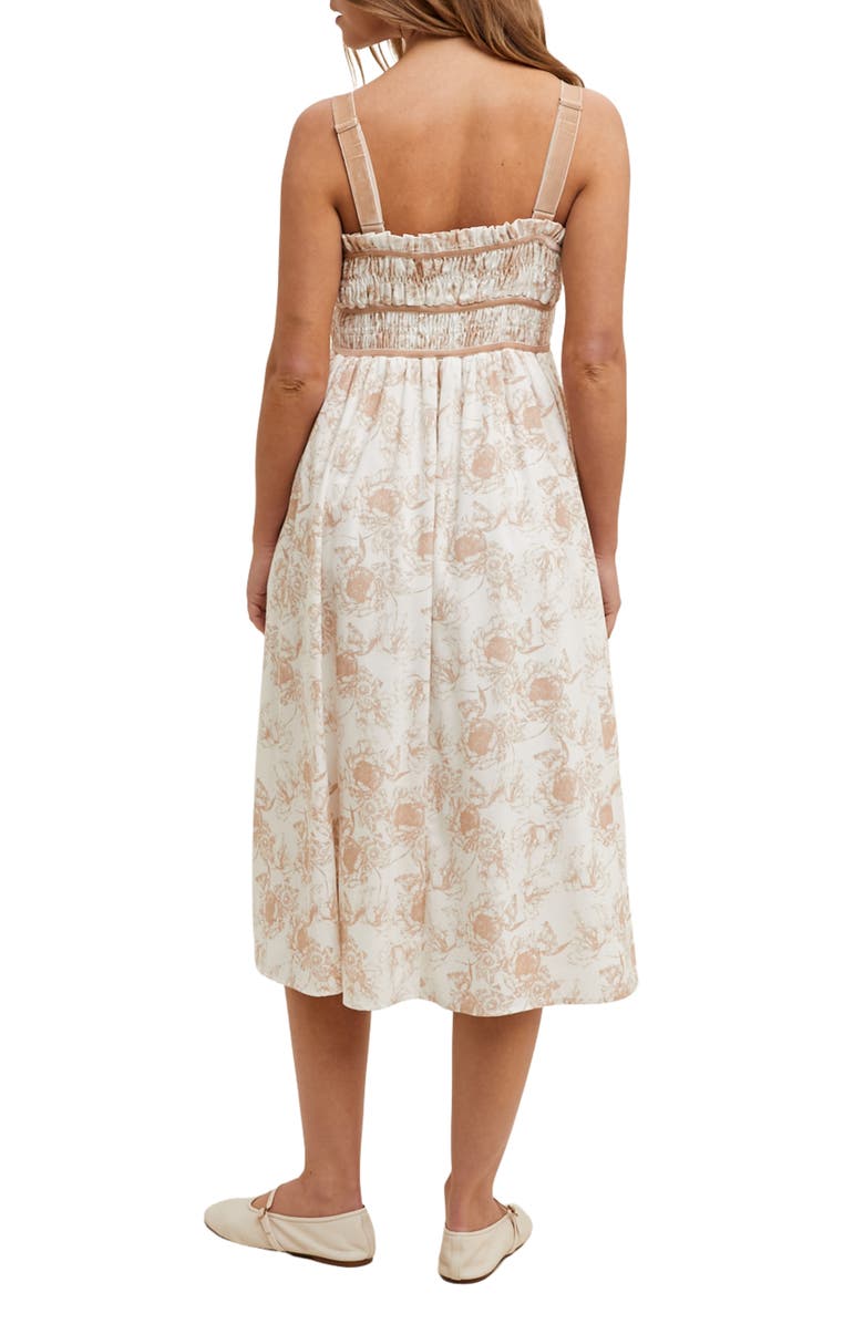 WISHLIST Floral Ruched Midi Dress, Alternate, color, Taupe/ White