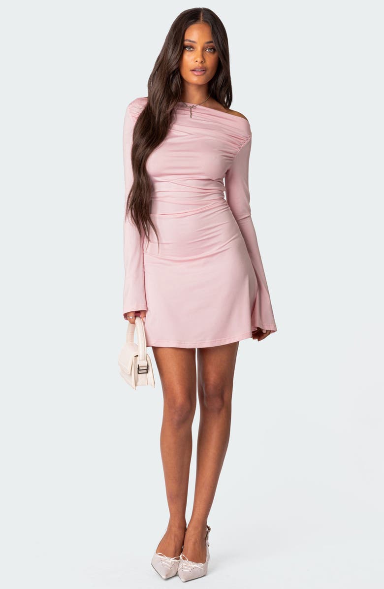 EDIKTED Leena Ruched Off the Shoulder Long Sleeve Minidress, Alternate, color, Pink