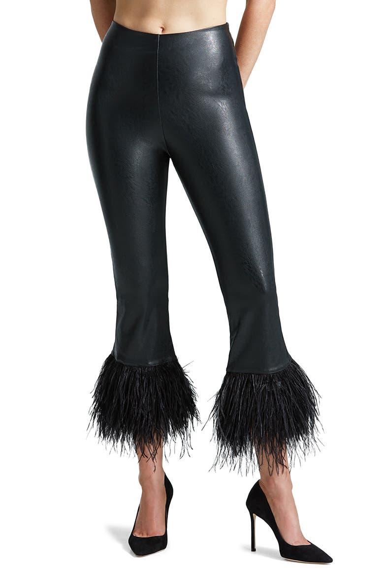 Crop High Waist Feather Trim Faux Leather Leggings video