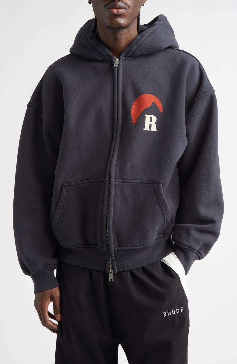 Rhude Moonlight Logo Full Zip Fleece Graphic Hoodie, Main, color, Vintage Black/ Red /Yellow