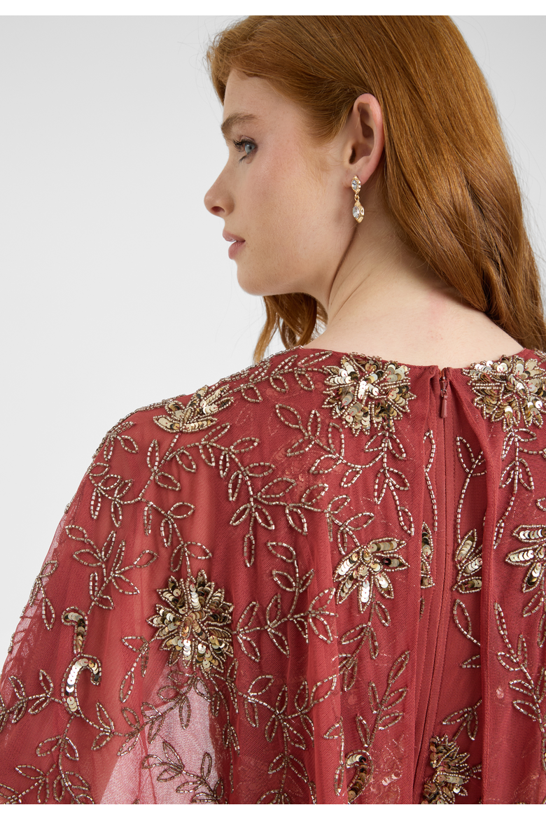Embellished Sequin Beaded Maxi Dress With Round Neckline With Cape-Style Short Sleeves, Alternate, color, RUST