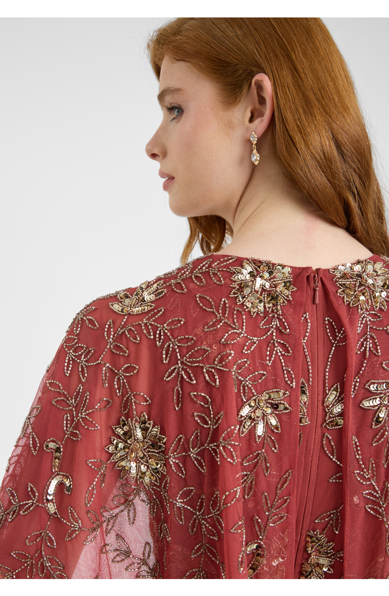 BEAUUT Embellished Sequin Beaded Maxi Dress With Round Neckline With Cape-Style Short Sleeves, Alternate, color, Rust