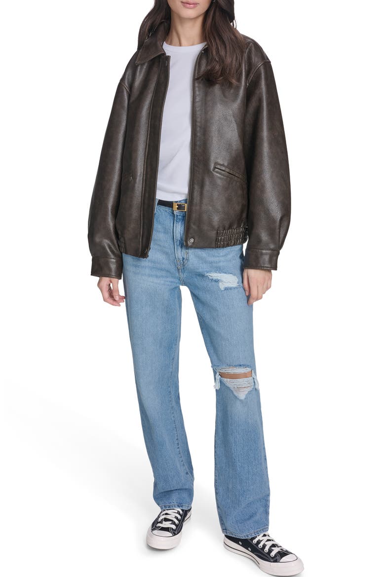 Relaxed Faux Leather Bomber Jacket, Alternate, color, BROWN