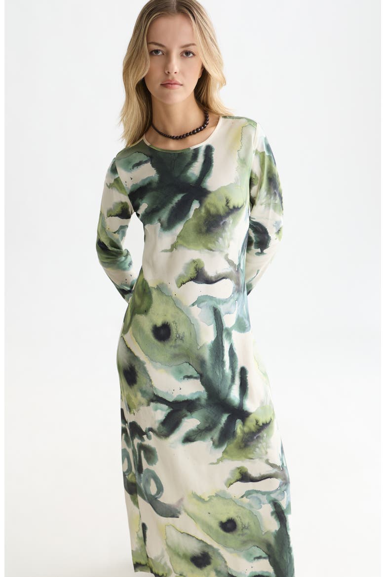 Print Long Sleeve Ankle Length Dress, Alternate, color, WATERCOLOURFLOWER BALSAM GREEN