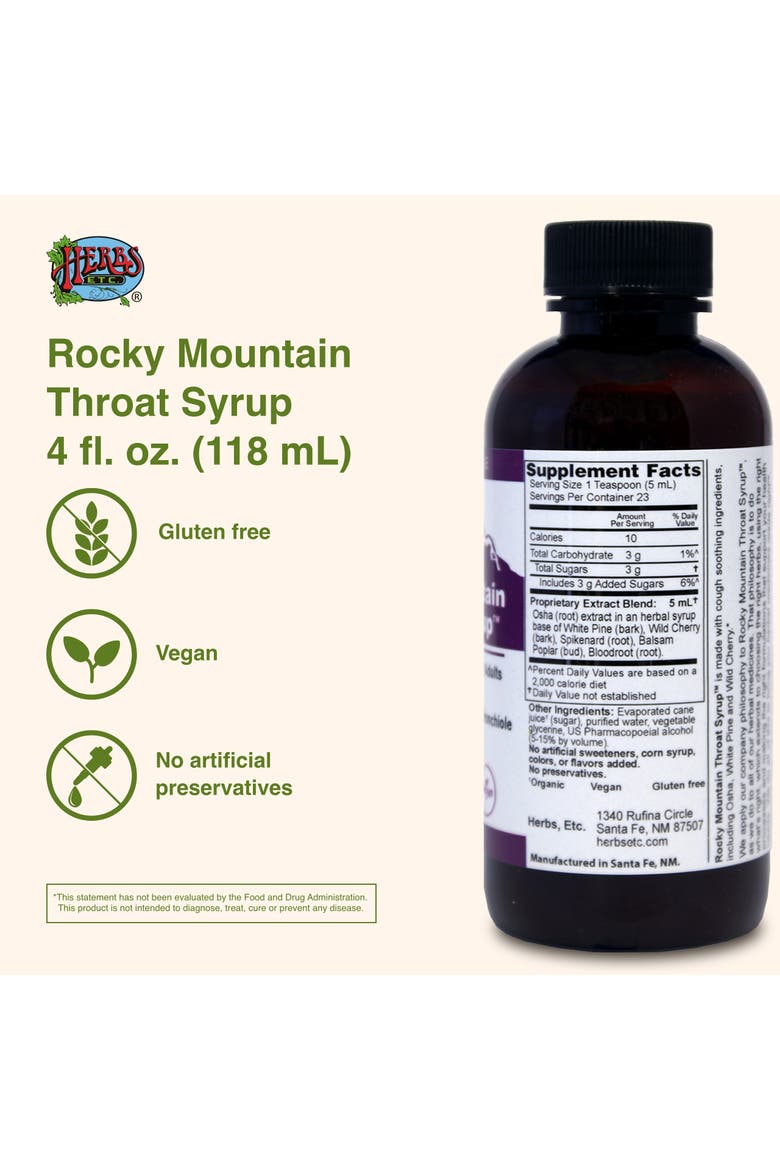 Rocky Mountain Throat Syrup - Supports Throat Wellness - Soothing Lung Health Support - Supports Sinus, Throat, Bronchiole & Lung Health - Gluten-Free & Vegan - 4 fl oz, Alternate, color, No Color