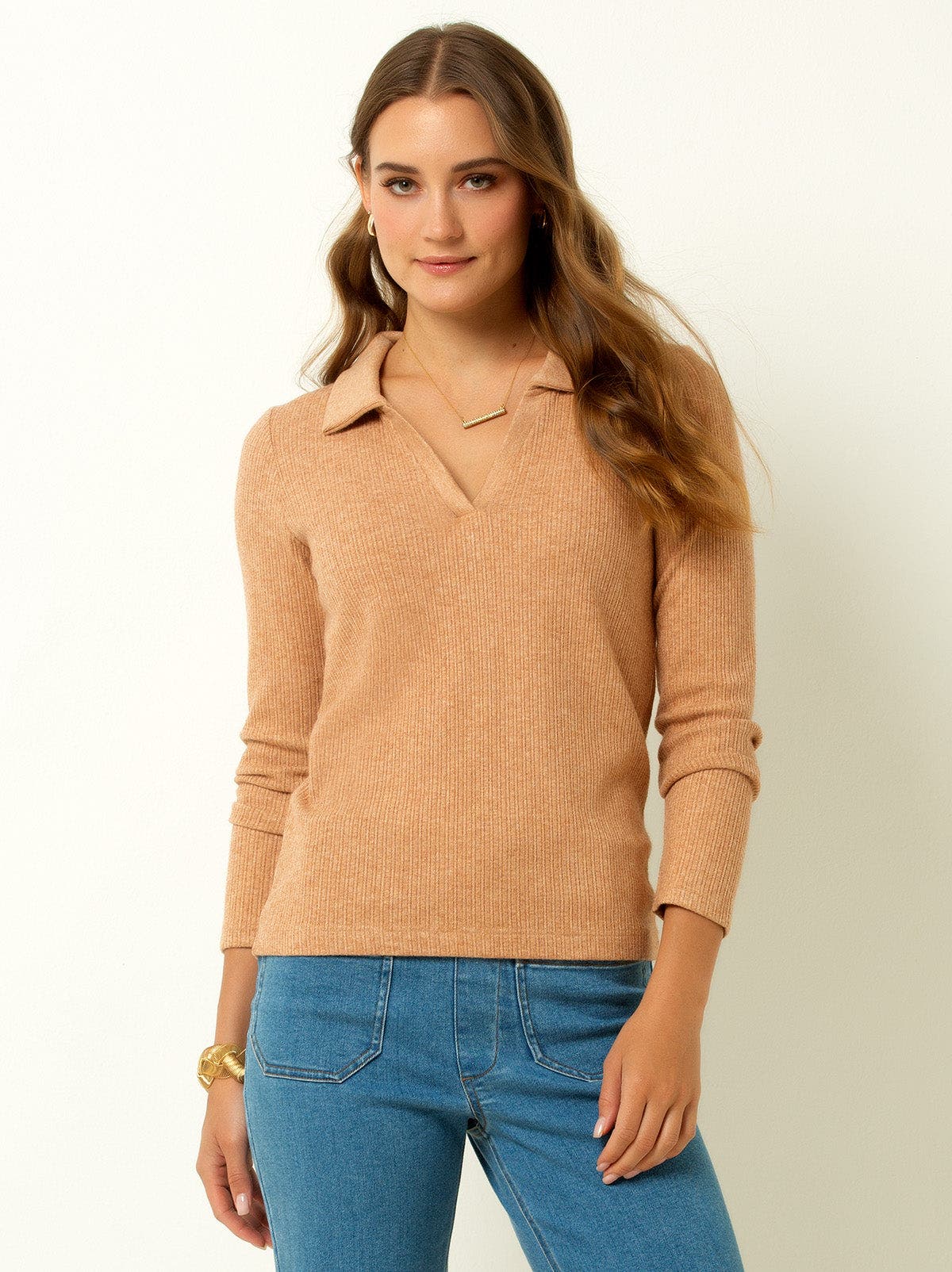 Classic Ribbed V-Neck Sweater with Collar - image 3