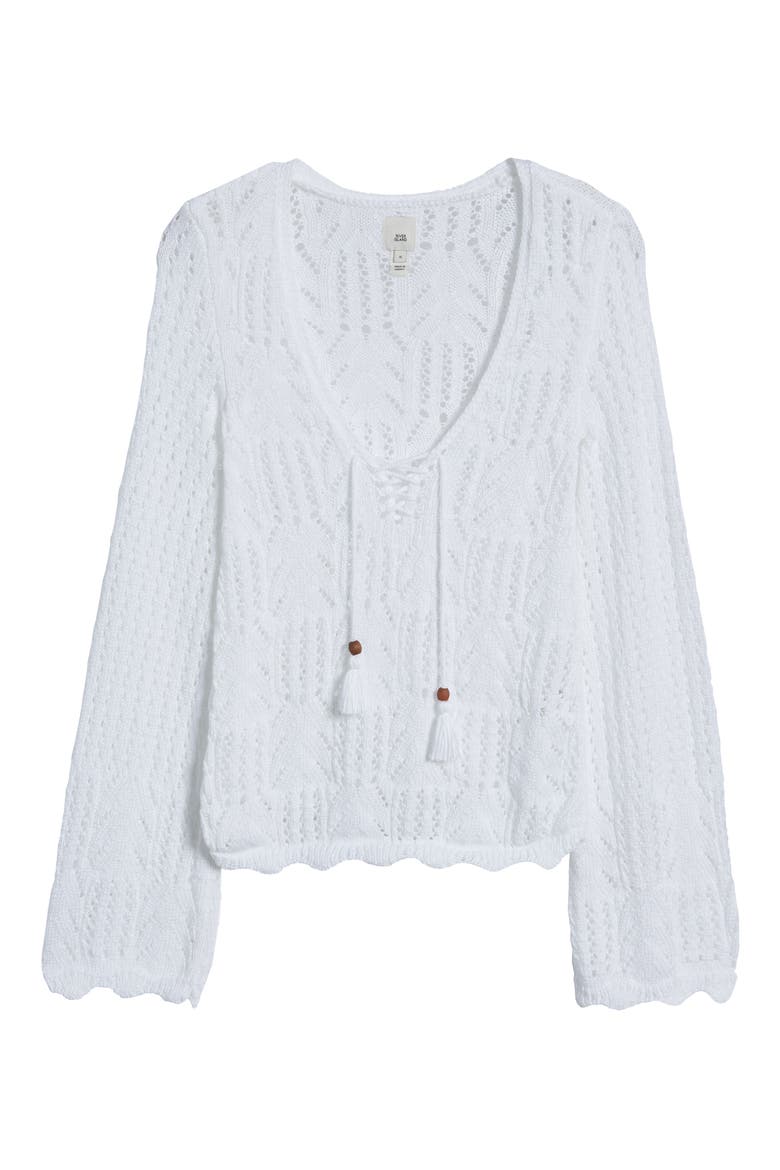 Crochet Lace-Up Cotton Sweater, Alternate, color, CREAM