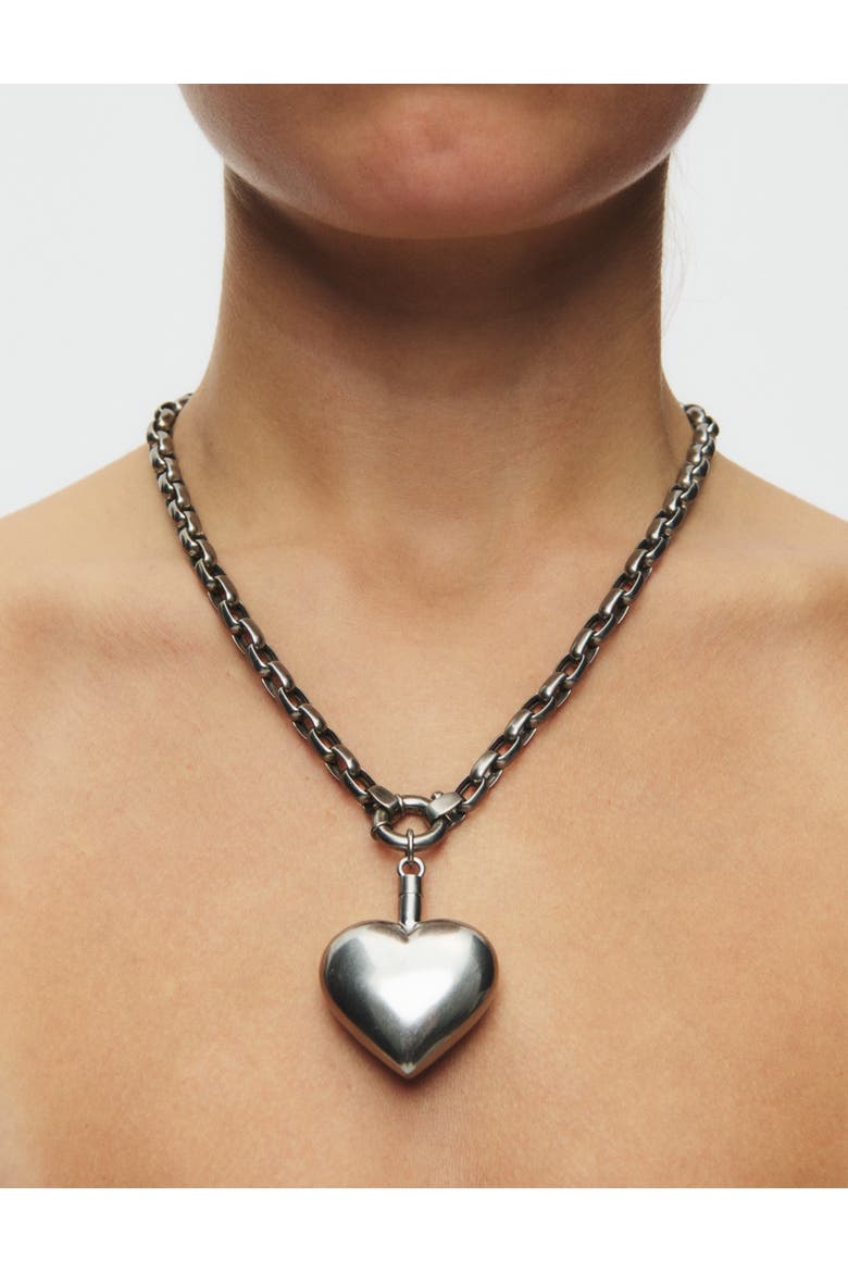 Puffed Heart Paperclip Necklace, Alternate, color, Silver