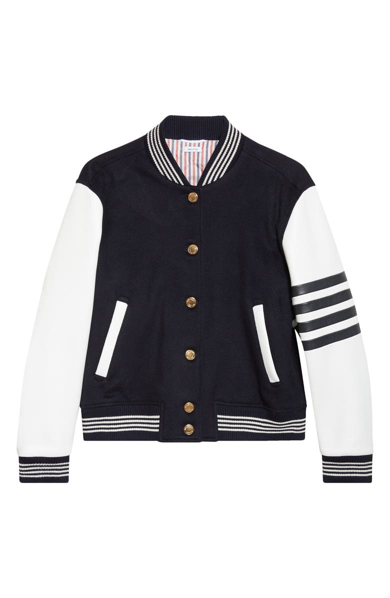 Thom Browne 4-Bar Wool & Leather Varsity Jacket, Main, color, Navy
