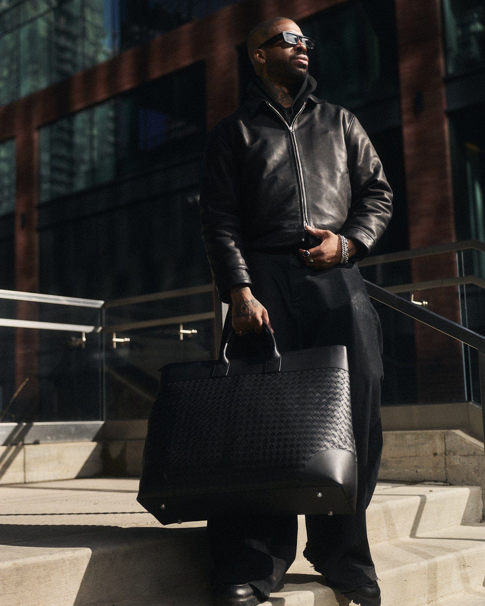Large Woven Calfskin Leather Weekender, Alternate, color, Black