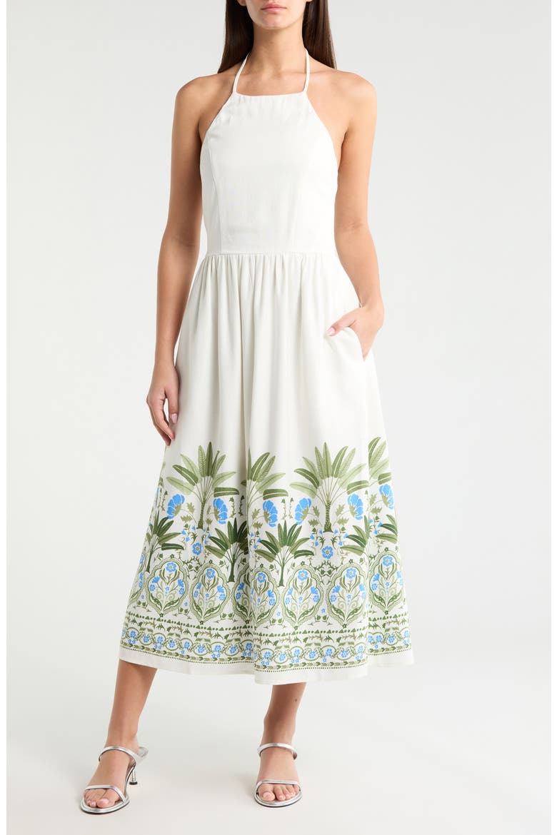 Senara Placed Print Halter Neck Dress, Main, color, WHITE-GREEN-MULTI